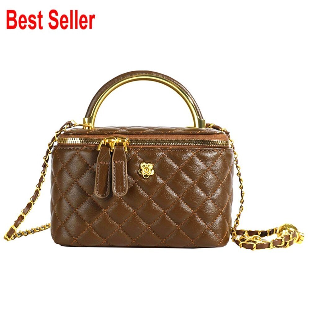 Mini Quilted PU Leather Box Bag With Gold Chain Strap Crossbody